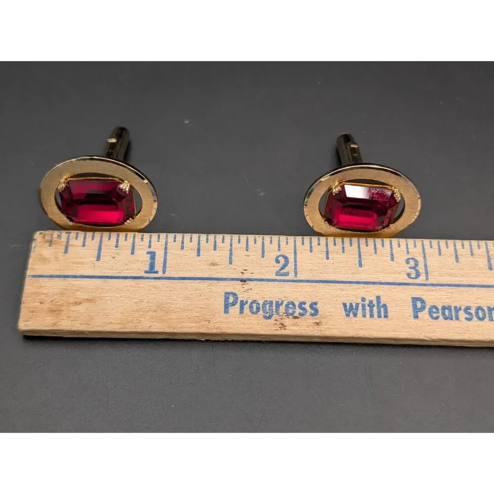 Vintage Swank Signed Gold Tone Red CrystaCufflinks Pentagon Hallmark
